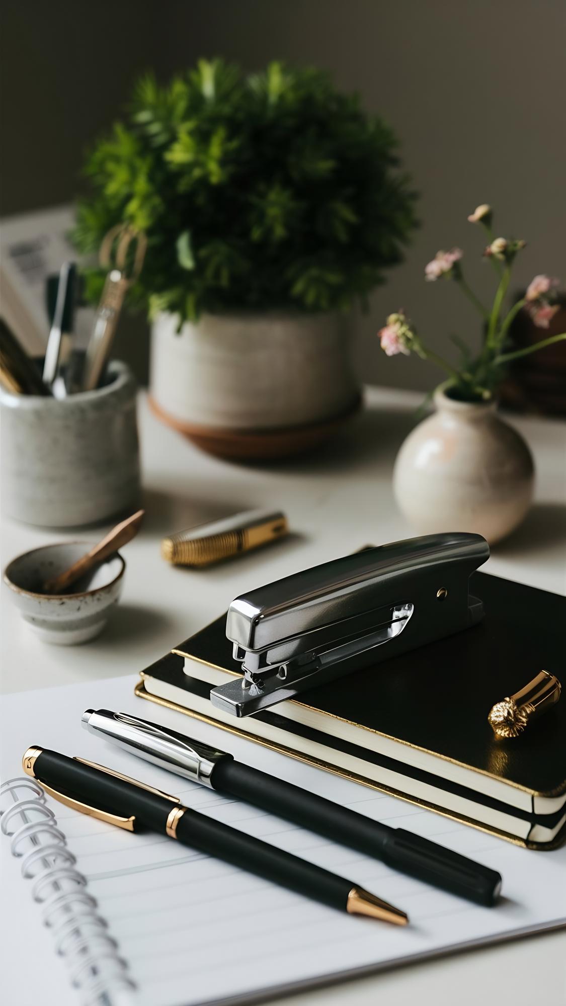 workspace with planner and pen, top view